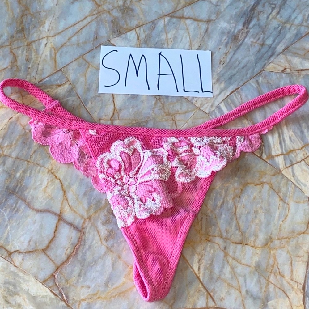 Rare Lace Mesh V-String Thong Panty Ruffle Pink Floral vintage y2k